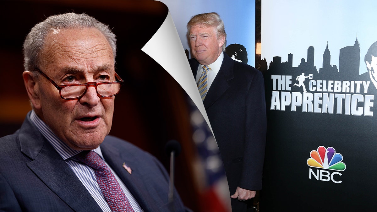 Schumer on left; Trump with Celebrity Apprentice sight, right