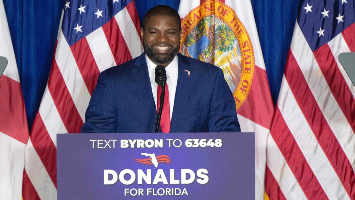 Rep. Byron Donalds speaks during his gubernatorial campaign kickoff, Friday, March 28, 2025, in Bonita Springs, Florida.