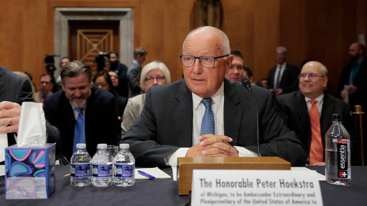 Peter Hoekstra sits at a Senate hearing table, speaking during his nomination hearing to become U.S. ambassador to Canada on March 13, 2025.
