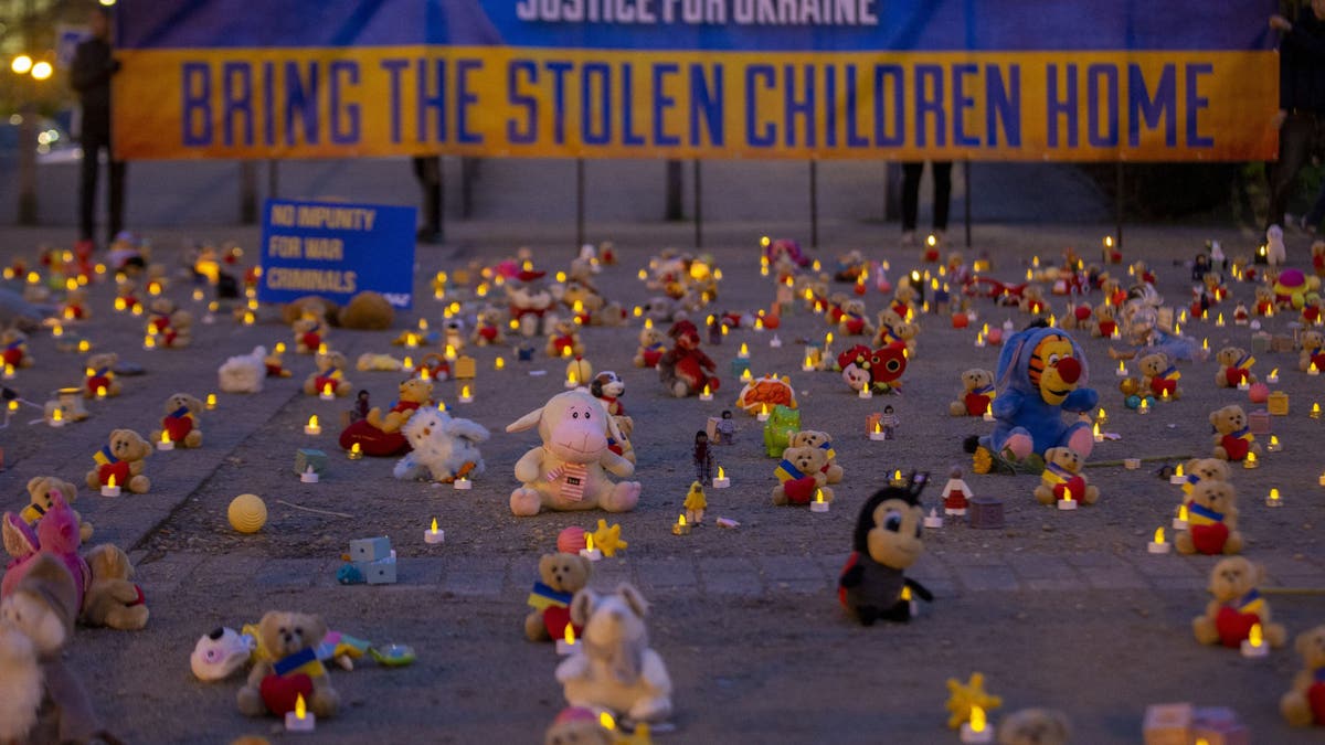 A demonstration including thousands of teddy bears and toys representing the thousands of children abducted following the war in Ukraine.