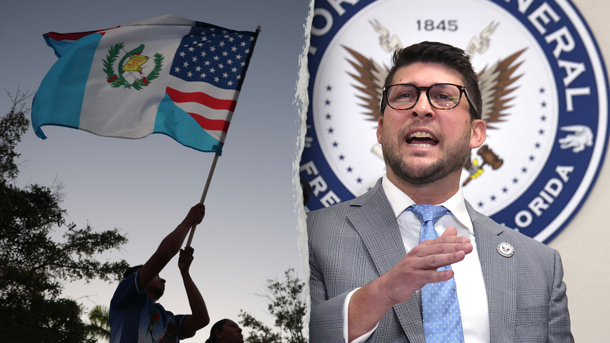 AG Uthmeier, right; demonstrators with flag, left