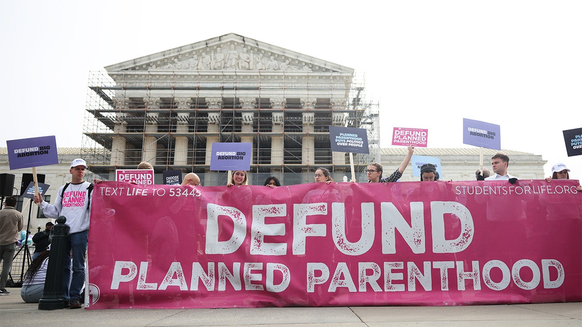 Demonstrators outside the Supreme Court building.