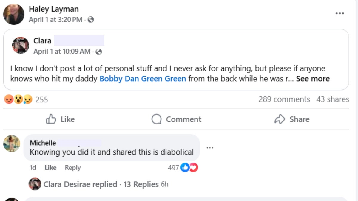 A screenshot of Layman's re-post of a plea from Bobby Green's daughter to help find the person who fatally struck her father while he was riding a bike.