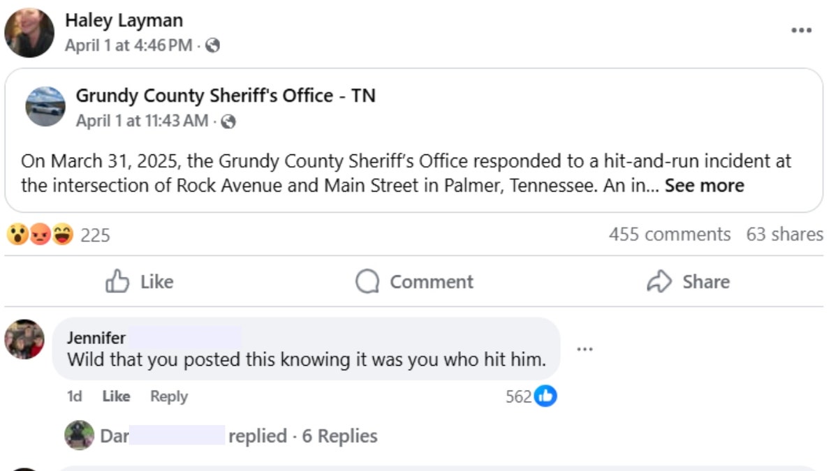 A screenshot of Layman's re-post of a statement from the Grundy County Sheriff's Office regarding the March 31 hit-and-run.