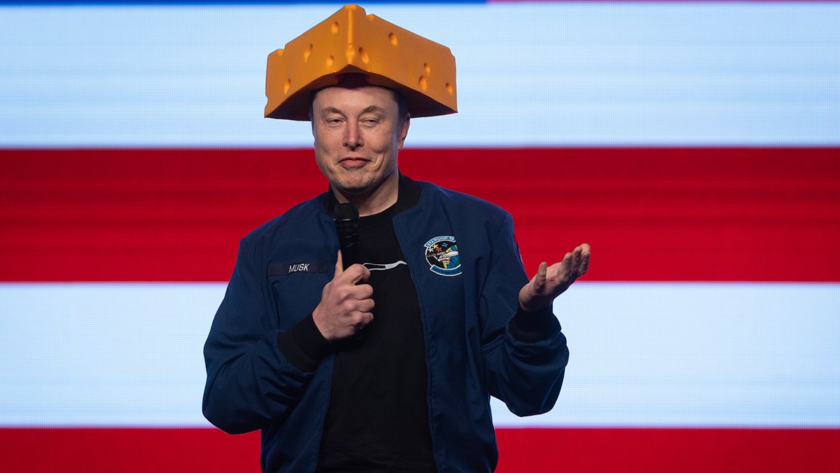Elon Musk wears a cheese hat