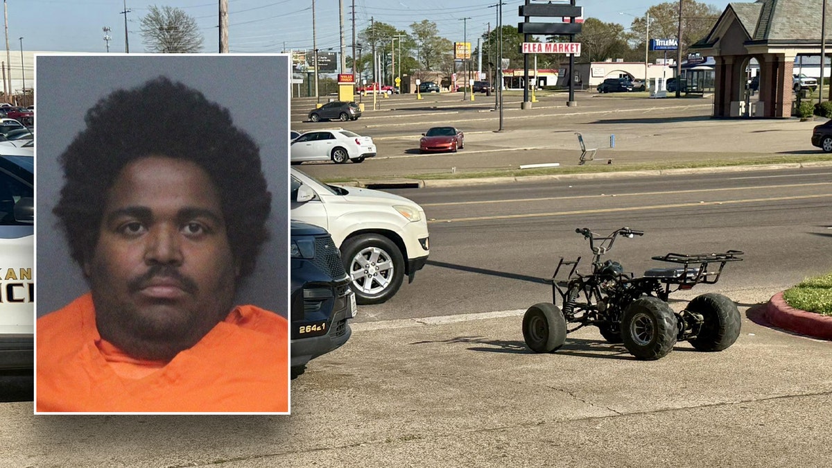 Demarqeyun Cox's mugshot seen next to a photo of the four-wheeler he allegedly used to ram into Tesla vehicles