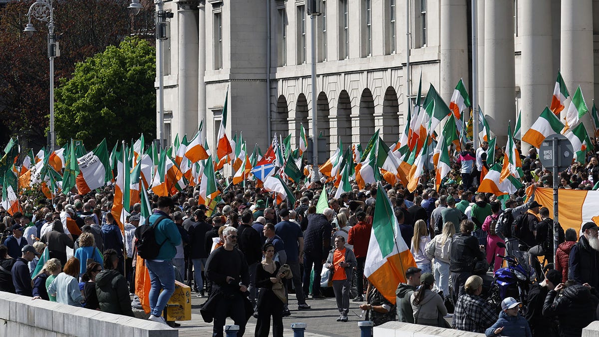 Crowd marches with Irish flag 