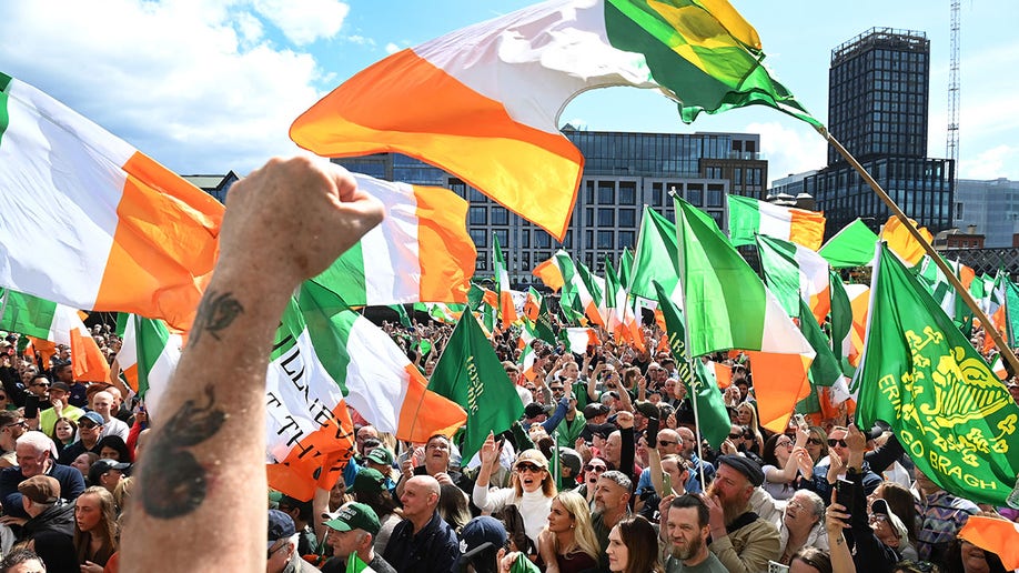 Irish flags waving during Dublin march against mass migration