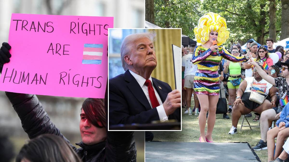 Trump in center inset; trans protester, left; drag queen right