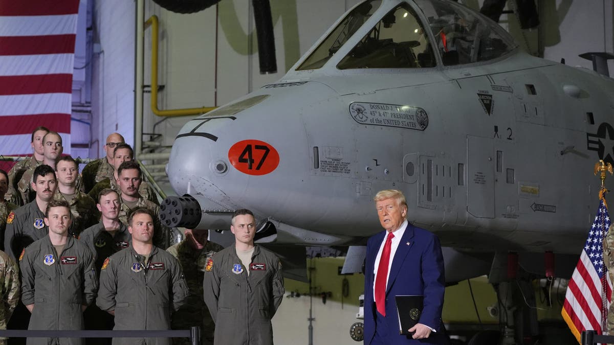 President Donald Trump arrives to speak to members of the Michigan National Guard at Selfridge Air National Guard Base, April 29, 2025, in Harrison Township, Michigan. (Alex Brandon/The Associated Press)