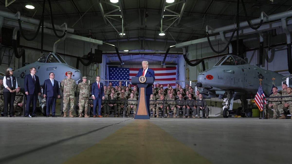 President Donald Trump speaks to members of the Michigan National Guard at Selfridge Air National Guard Base, Tuesday, April 29, 2025. 