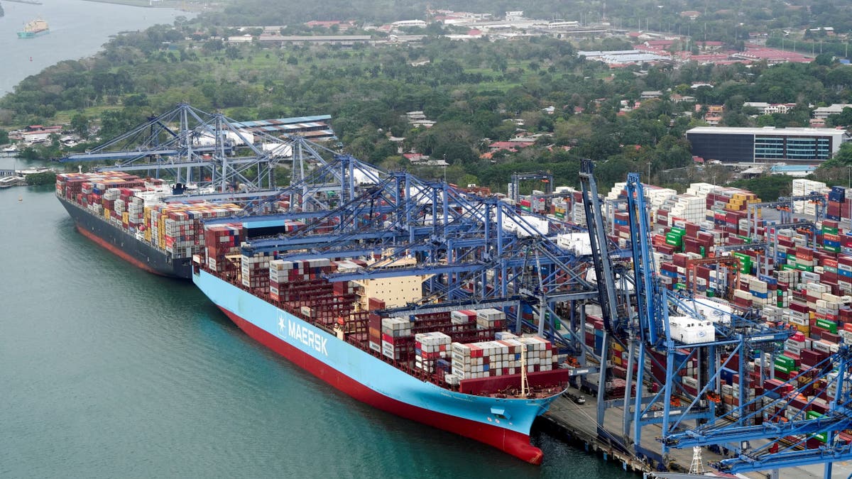 : An aerial view shows cargo vessels docked at Balboa Port, operated by Panama Ports Company, at the Panama Canal, in Panama City, Panama, February 1, 2025