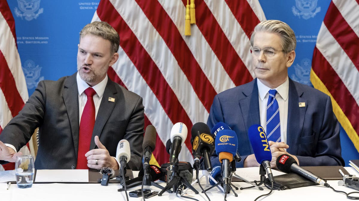 Secretary of the Treasury Scott Bessent, right, and Trade Representative Jamieson Greer take part in a press conference after two days of closed-door discussions on trade between the United States and China, in Geneva on Monday, May 12, 2025.