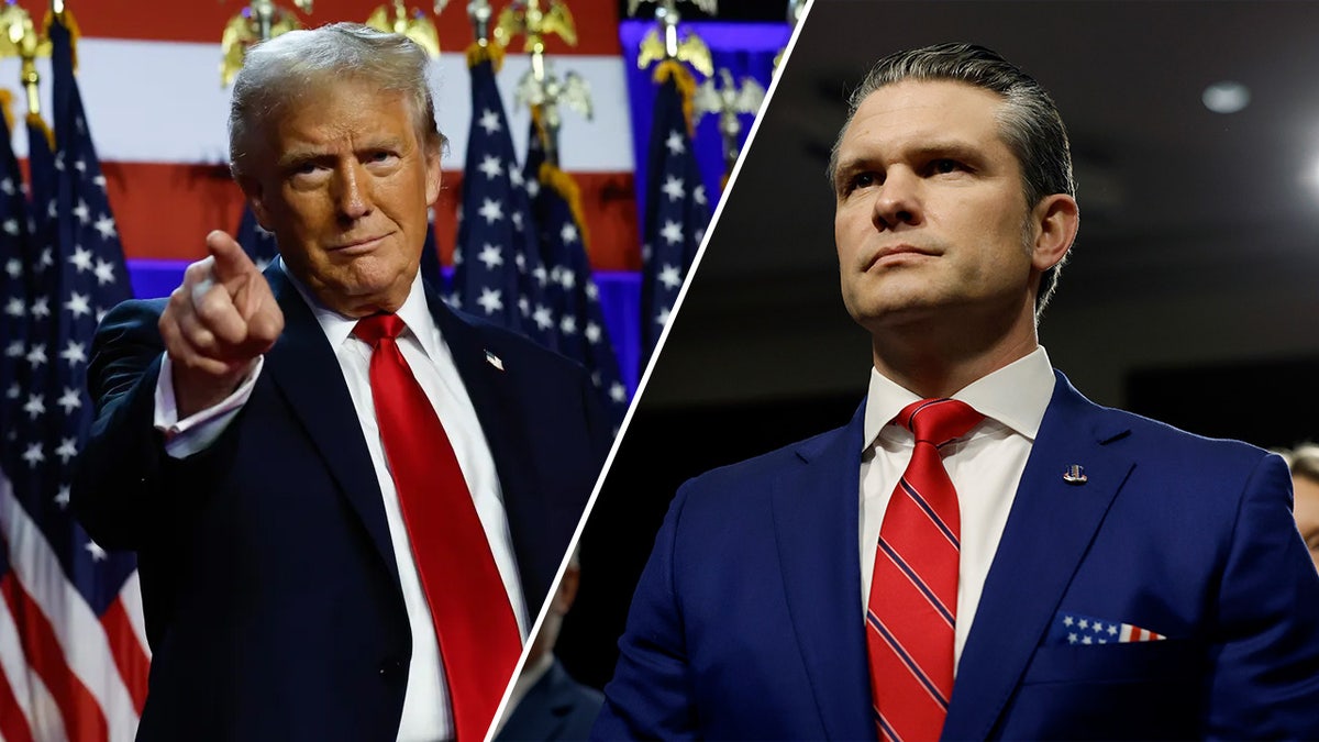 President Donald Trump next to image of Secretary of Defense Pete Hegseth