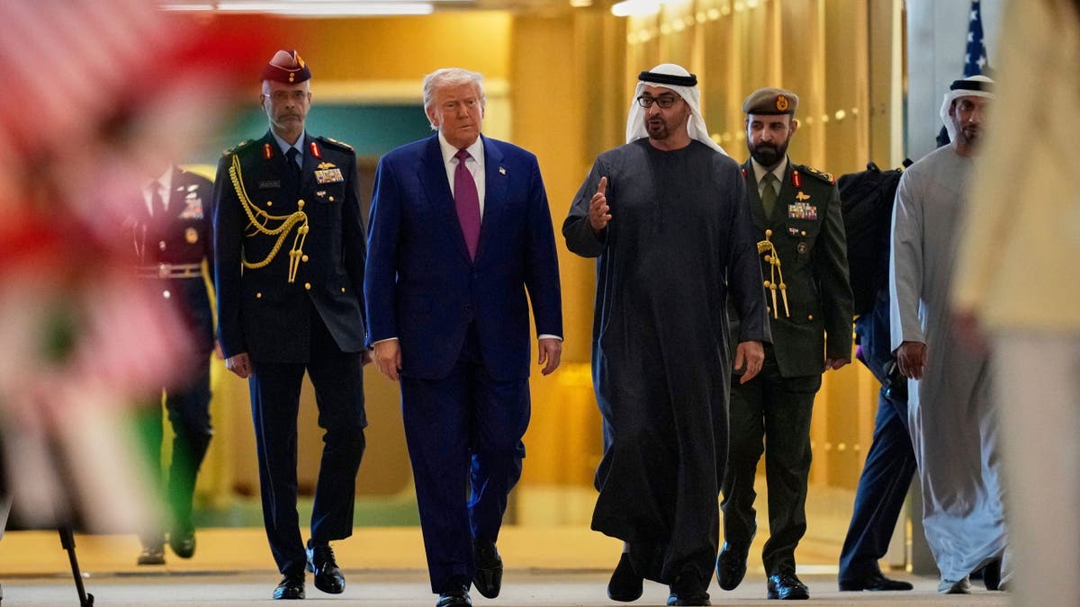 United Arab Emirates President Sheikh Mohammed bin Zayed Al Nahyan greets President Donald Trump at Abu Dhabi International Airport on Thursday, May 15, 2025. 