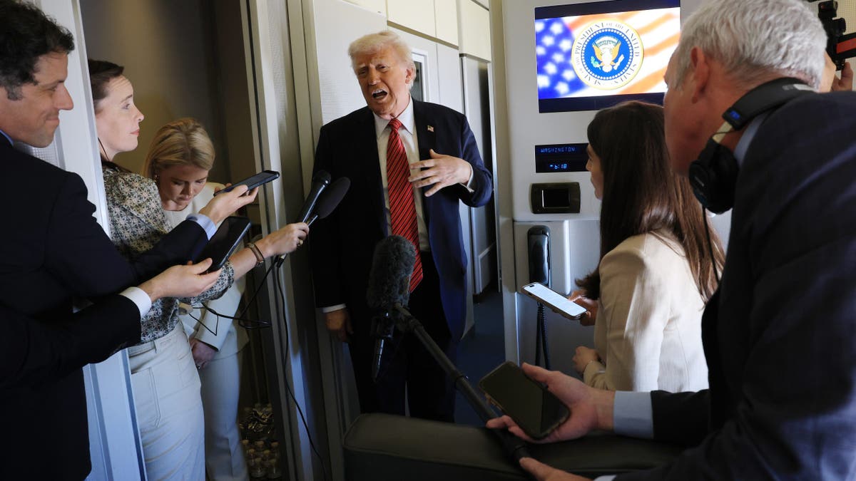 IN FLIGHT - MAY 14:  U.S. President Donald J. Trump speaks to travelling media aboard Air Force One on a range of issues, including Syria, as he flies to Doha, Qatar on May 14, 2025. Trump is on the second day of a multi-nation tour of the Gulf region focused on expanding economic ties and reinforcing security cooperation with key U.S. allies. 