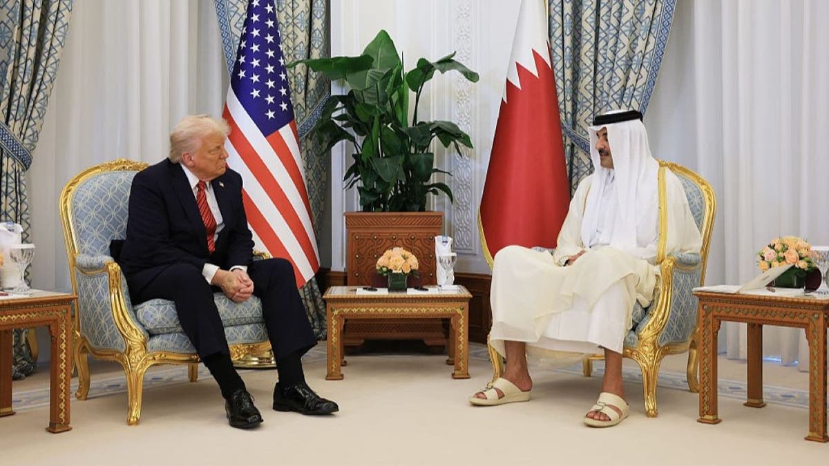 DOHA, QATAR - MAY 14: U.S. President Donald J. Trump attends a meeting with Emir of Qatar Tamim bin Hamad al Thani at the Amiri Diwan, the official workplace of the emir, on May 14, 2025, in Doha, Qatar. The visit underscores the strategic partnership between the United States and Qatar, focusing on regional security and economic collaboration. (Photo by Win McNamee/Getty Images)