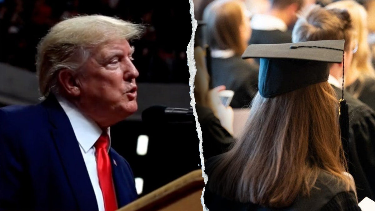 Donald Trump and a college graduate in a black cap and gown
