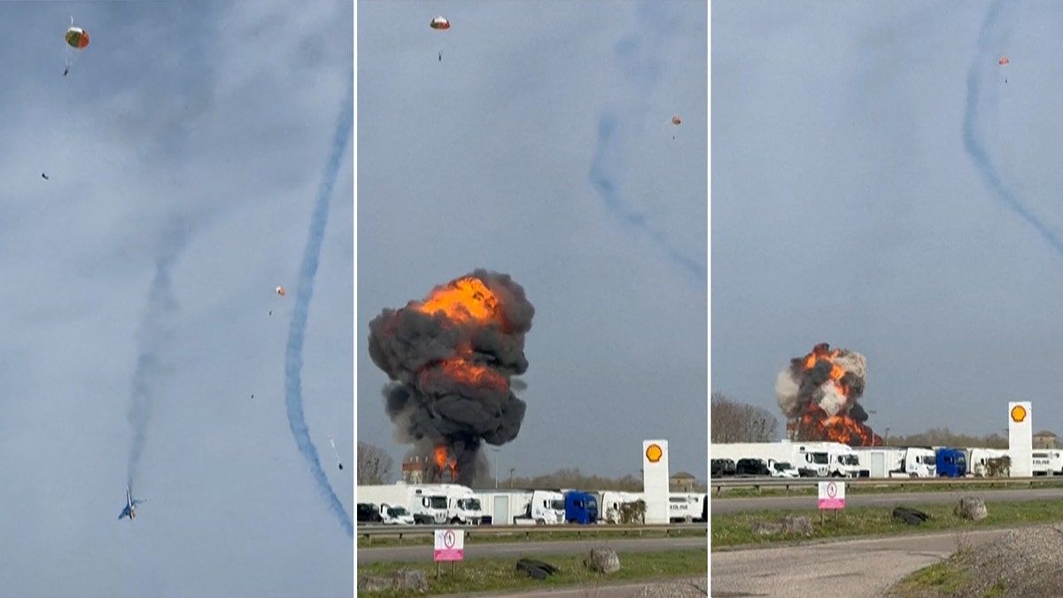 Alpha jets colliding in France and two pilots parachuting to safety