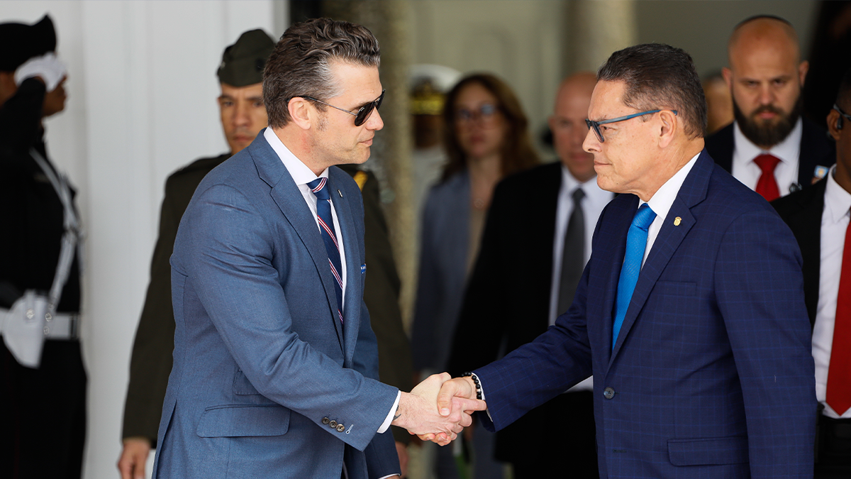 Panama Security Minister Frank Abrego hosts Secretary of Defense Pete Hegseth at the Presidential Palace in Panama City, Panama on April 8, 2025.