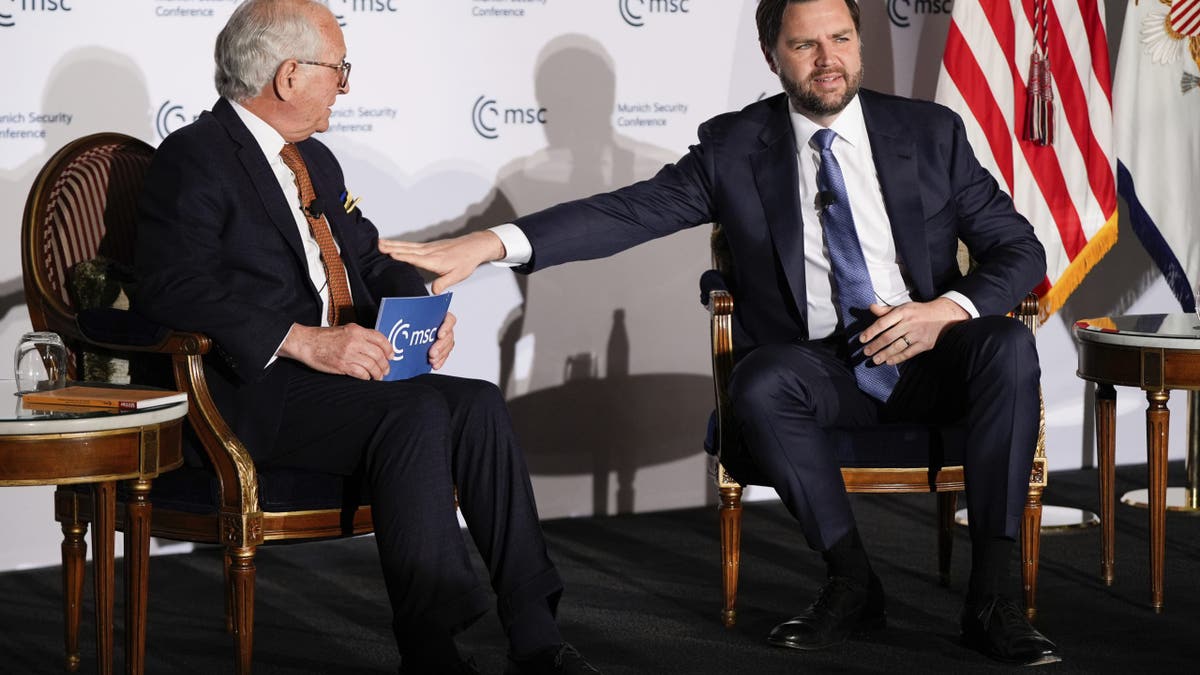 Vice President JD Vance, right, speaks with Wolfgang Ischinger, left, at the Munich Leaders Meeting, Wednesday, May 7, 2025, in Washington. 