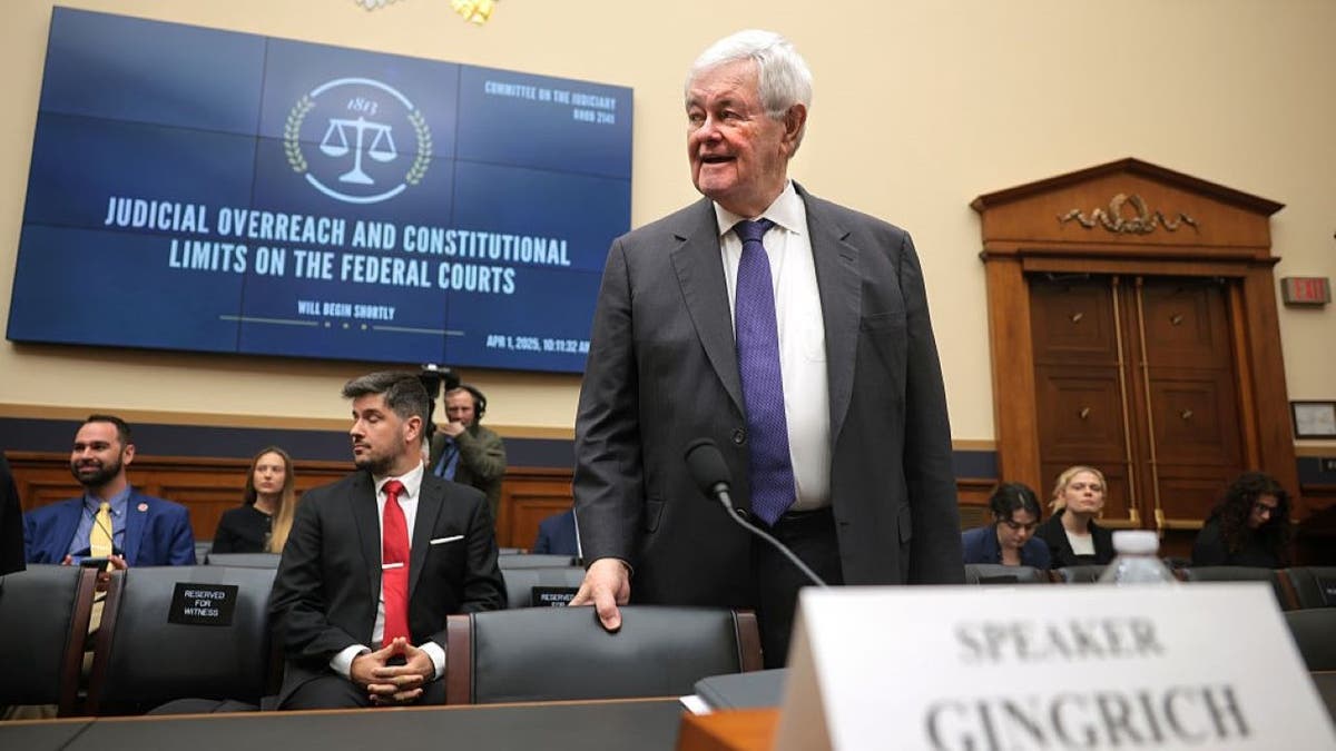 WASHINGTON, DC - APRIL 01: Former Speaker of the House Newt Gingrich (R-GA) arrives to testify before a House Judiciary Subcommittee in the Rayburn House Office Building on April 01, 2025 in Washington, DC. The House Judiciary Subcommittee on Courts, Intellectual Property, Artificial Intelligence, and the Internet and the Subcommittee on the Constitution and Limited Government held a joint hearing to investigate judicial overreach and limits on federal courts. (Photo by Kayla Bartkowski/Getty Images)