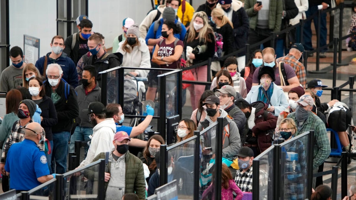 TSA airport - passengers line up at Denver Airport