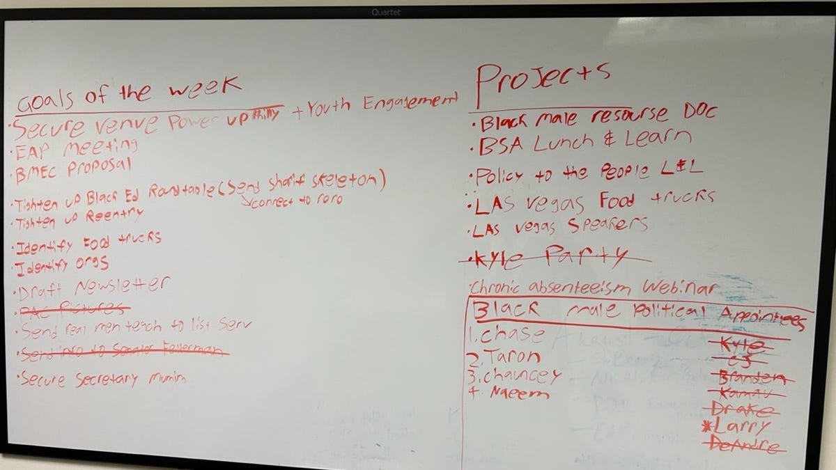 Whiteboard at Department of Education shows Biden admin's DEI priorities.