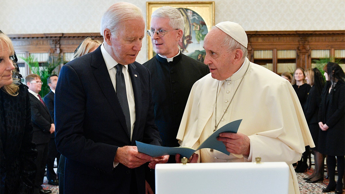 President Joe Biden exchanges gifts with Pope Francis