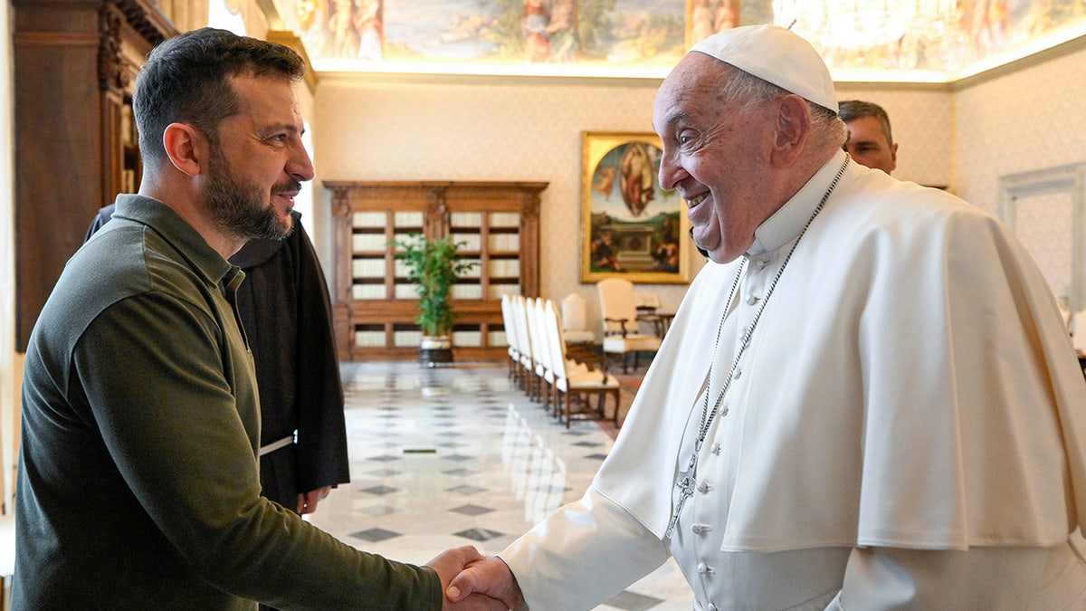 Pope Francis greets Volodymyr Zelensky