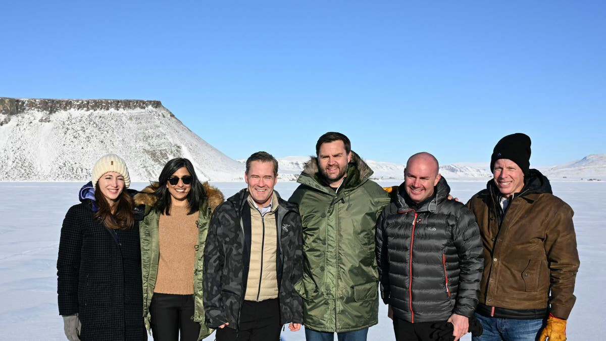 Vice President JD Vance poses with second lady Usha Vance, National Security Advisor Mike Waltz, his wife , former homeland security advisor, Julia Nesheiwat and Secretary of Energy Chris Wright