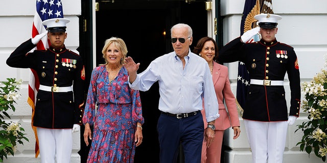 First lady Jill Biden, President Biden and Vice President Kamala Harris arrive at the Congressional Picnic on the South Lawn of the White House July 12, 2022, in Washington, D.C.