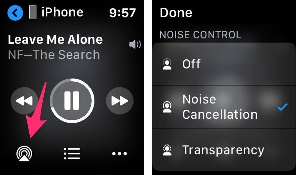 Audio playback window on an Apple Watch with the noise cancellation modes button on the bottom left corner