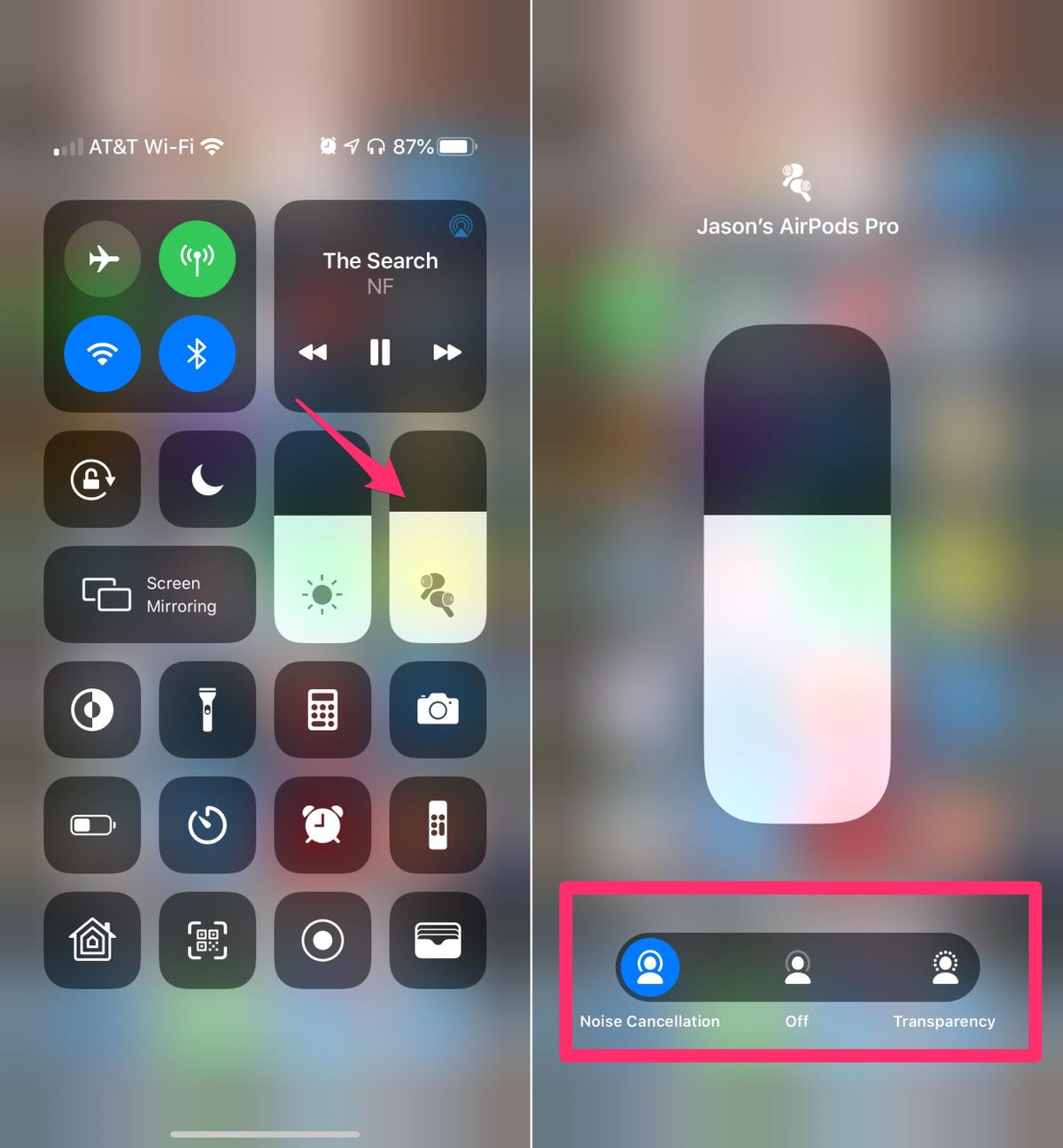 Control Center controls on the iPhone with the volume button highlighted showing AirPods Pro settings