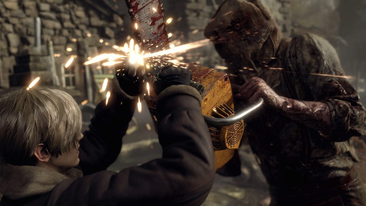 A screenshot from Resident Evil 4 Remake showing Leon Kennedy fighting an enemy.