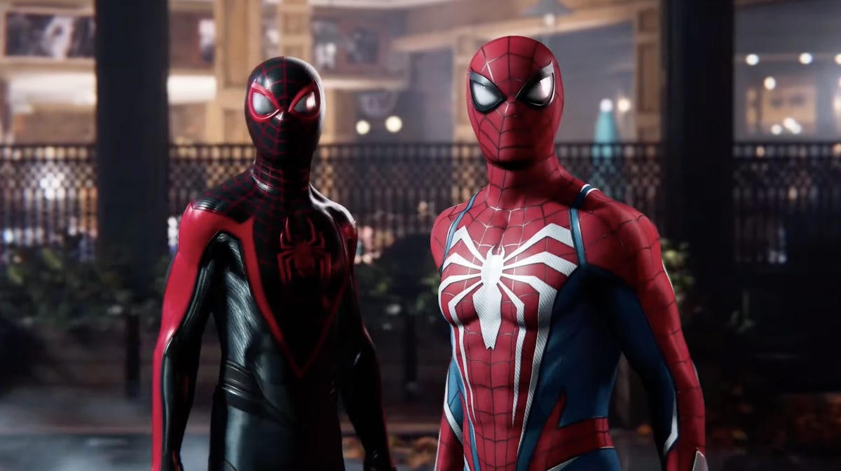 A screenshot from Spider-Man 2's trailer showing Peter Parker and Miles Morales. 