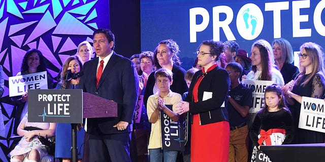 Gov. Ron DeSantis of Florida speaks to pro-life supporters before signing Florida's 15-week abortion ban into law at Nacion de Fe church in Kissimmee, Florida on April 14, 2022