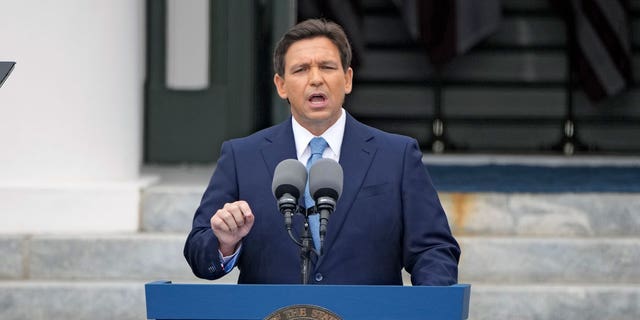 Florida Gov. Ron DeSantis speaks to the crowd after being sworn in to begin his second term during an inauguration ceremony outside the Old Capitol, Jan. 3, 2023, in Tallahassee, FL.