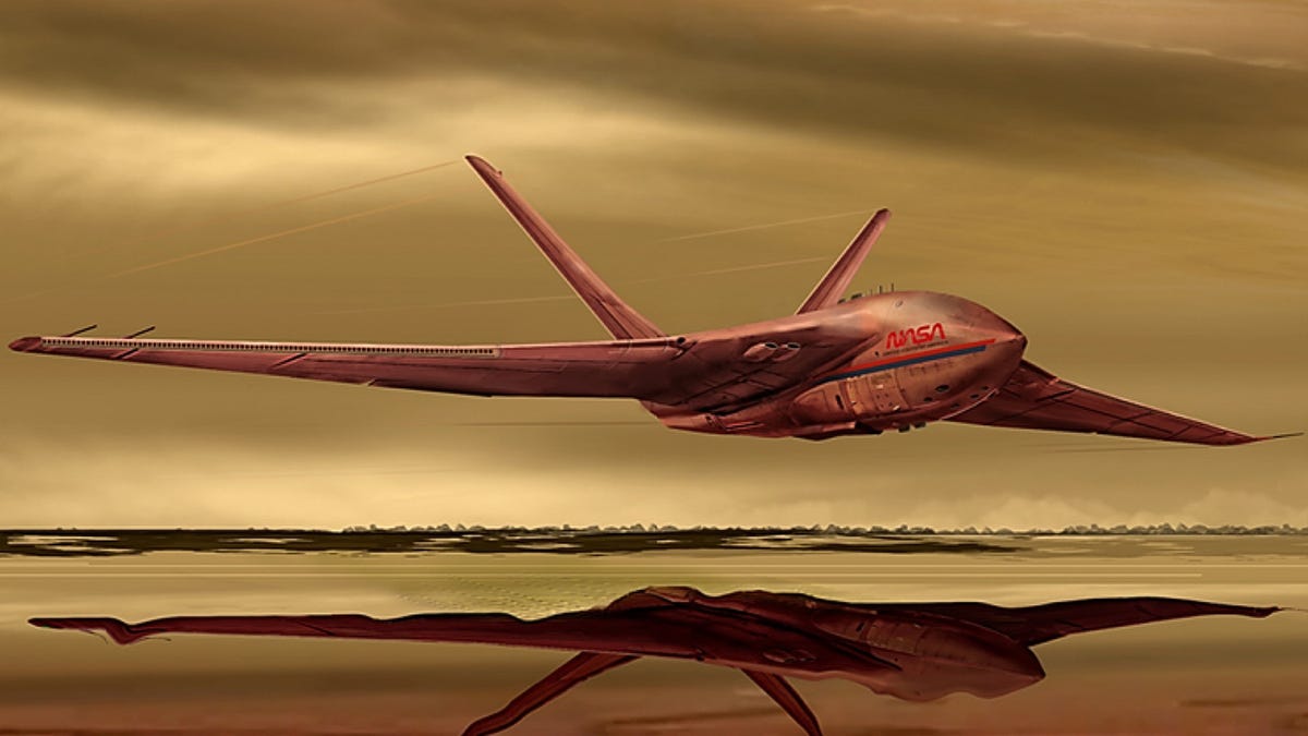 Illustration of a plane skimming the surface of a lake on Titan