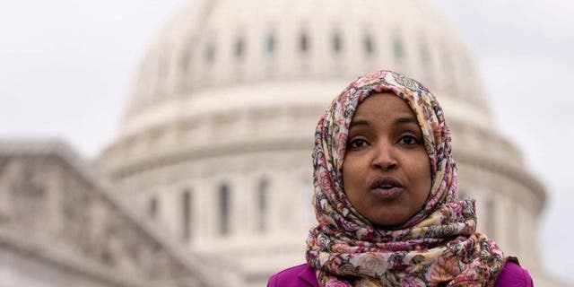Rep. Ilhan Omar (D-MN) speaks during a news conference marking the 6th anniversary of the Trump administration's Executive Order 13769, also known as the Muslim ban, outside the U.S. Capitol on January 26, 2023 in Washington, D.C.
