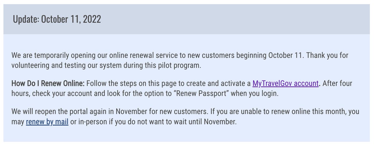 A notice from the State Department about the limited pilot program for online passport renewal in October