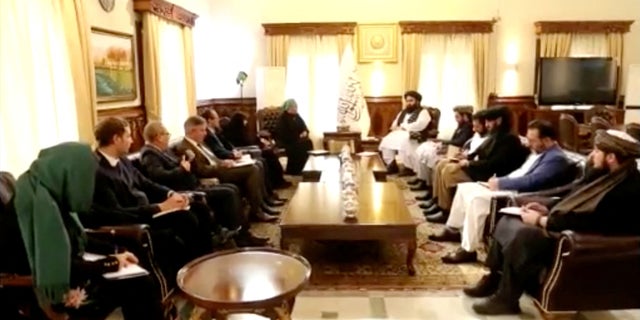 Taliban's acting Foreign Minister Amir Khan Muttaqi meets with U.N. delegates, in Kabul, Afghanistan, in this screen grab taken from a video released on Jan. 18, 2023.
