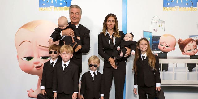Alec and Hilaria Baldwin are shown with their children at the "The Boss Baby: Family Business" premiere in 2021. They have since welcomed their seventh child together.
