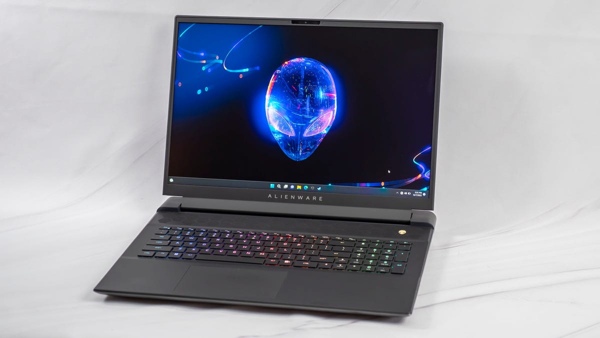 The 2023 Alienware m18 gaming laptop open facing forward on a white background.