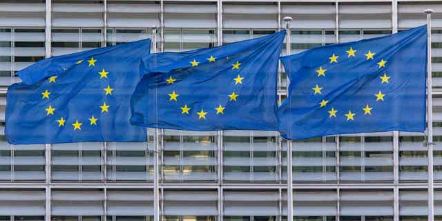 Flags of Europe as seen waving on a pole.