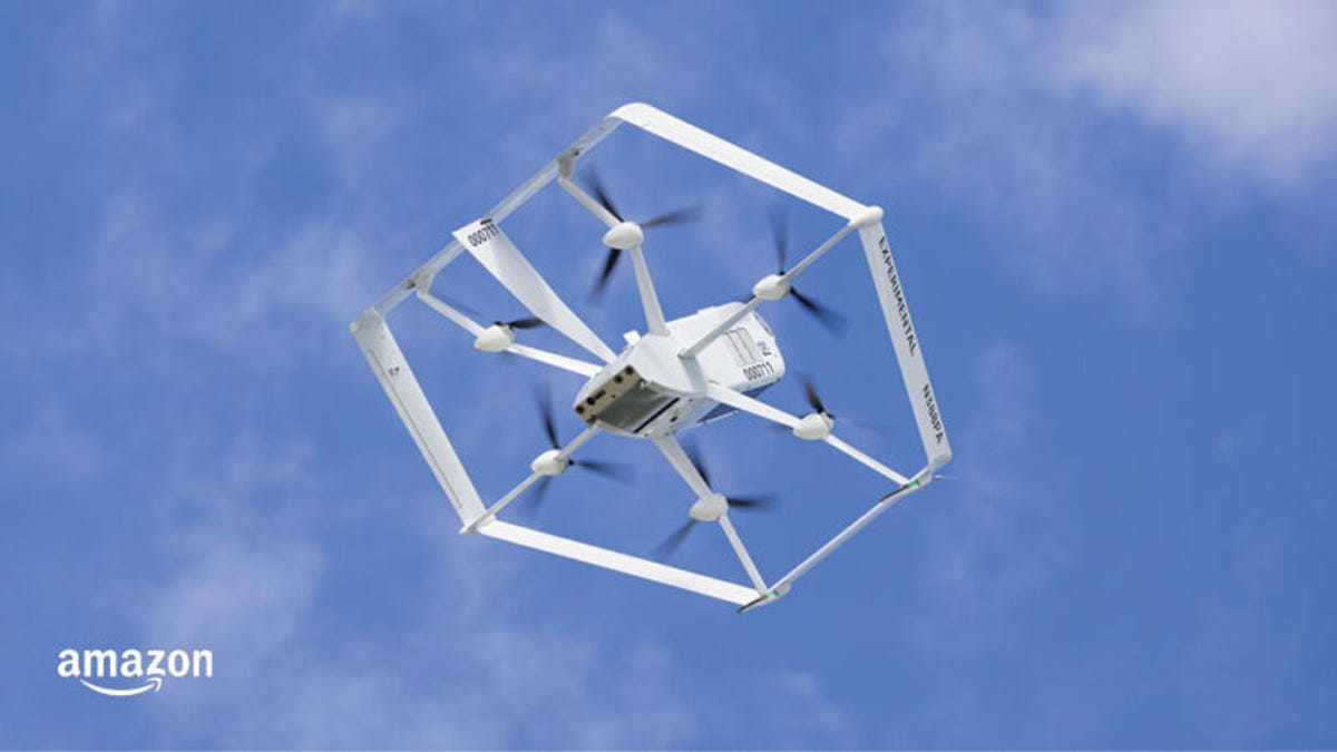 An Amazon Prime Air drone, seen from below