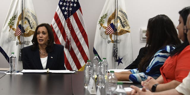 Kamala Harris speaks with advocates for immigrant services in El Paso, Texas, on June 25, 2021. 
