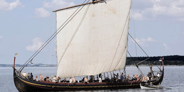 The replica of a Viking ship, the 30-meter (100-foot) Havhingsten (Seastallion), sails into the fjord of Roskilde, after a trip to Oslo and Tonsberg in Norway Aug. 4, 2006. 