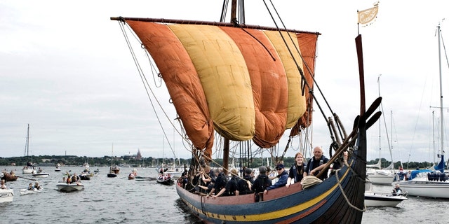 The Viking ship Havhingsten af Glendalough (the Sea Stallion of Glendalough), a replica of a Viking warship, sets out from the Viking Museum in Roskilde July 1, 2007. 