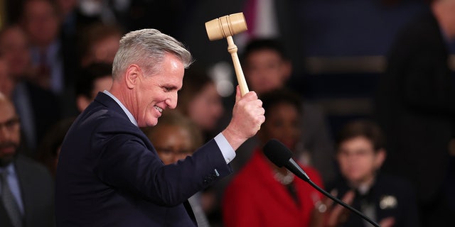U.S. Speaker of the House Kevin McCarthy (R-CA) celebrates with the gavel after being elected in the House Chamber at the U.S. Capitol Building on January 07, 2023 in Washington, DC. 